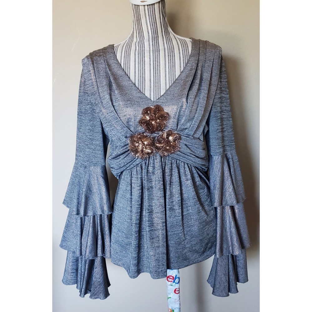 Boston Proper Metallic Silver Ruffle Bell Sleeve Floral Applique Peplum Top M